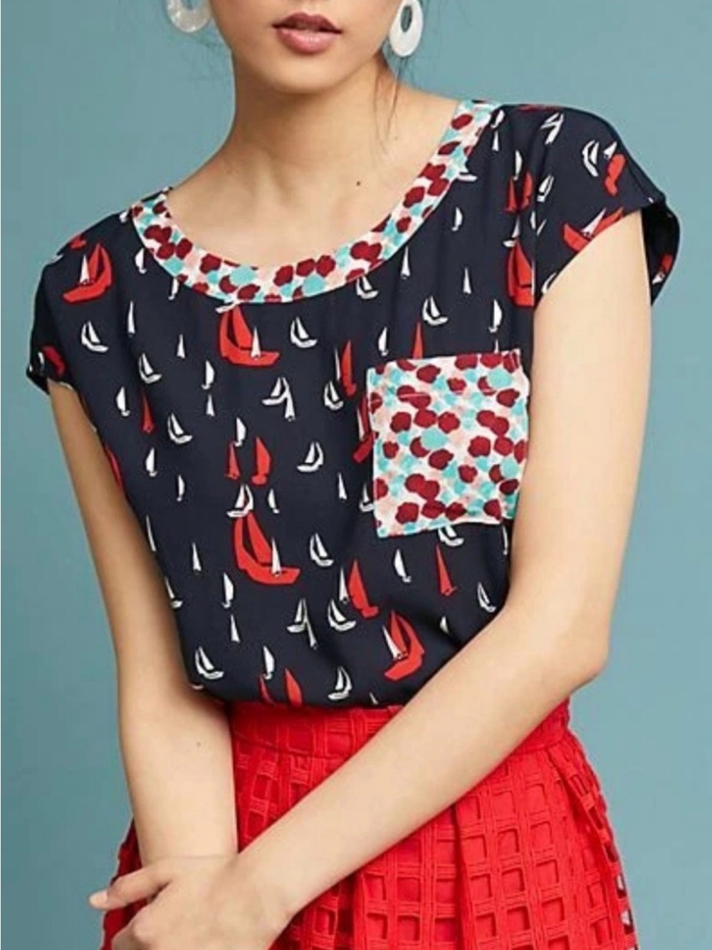 Anthropologie Navy Sailboat Print Cap-Sleeve Top with Red Accents